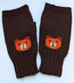 Bear Knit Fingerless Gloves, Wool Wrist Warmers, chocolate brown hand warmers