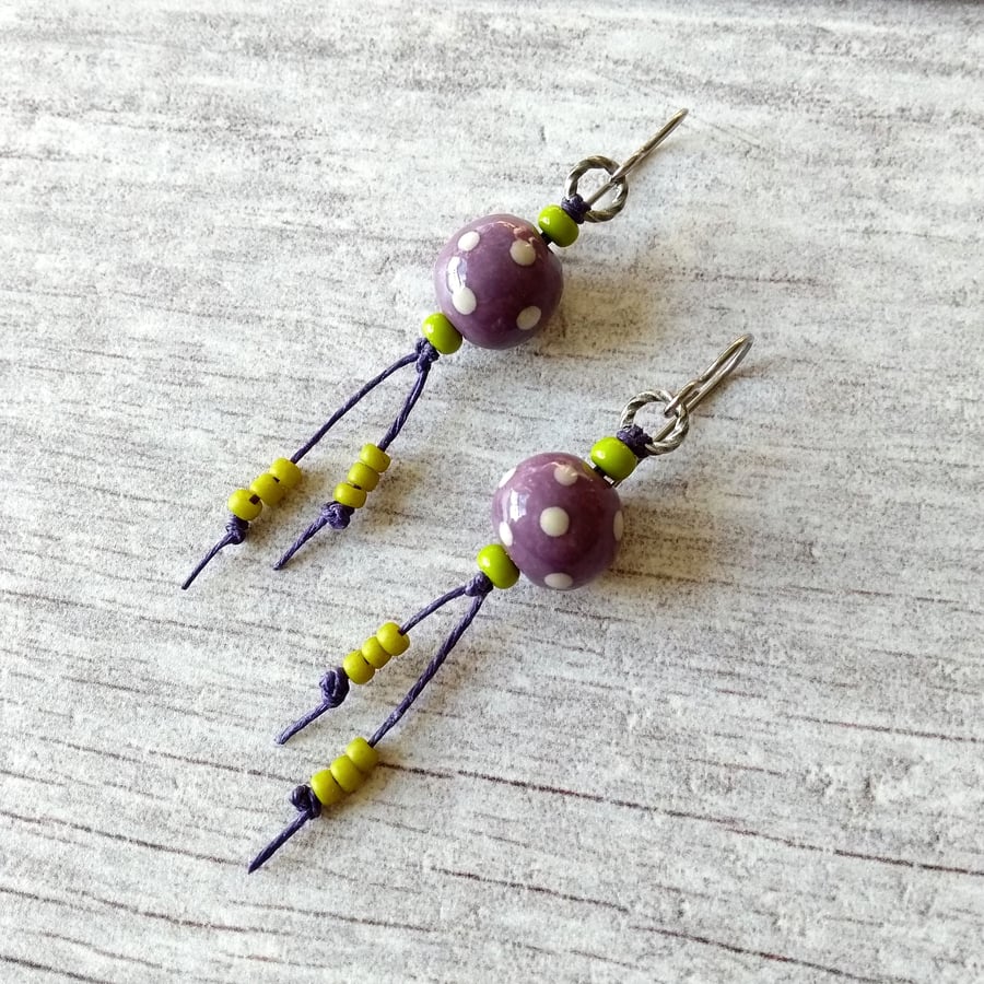 Polka Dot Ceramic Earrings in Purple and Lime Green