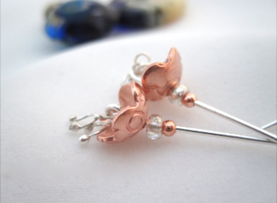 Little Flower Drop earrings -Copper Silver (made by artist maker) Bell Design.