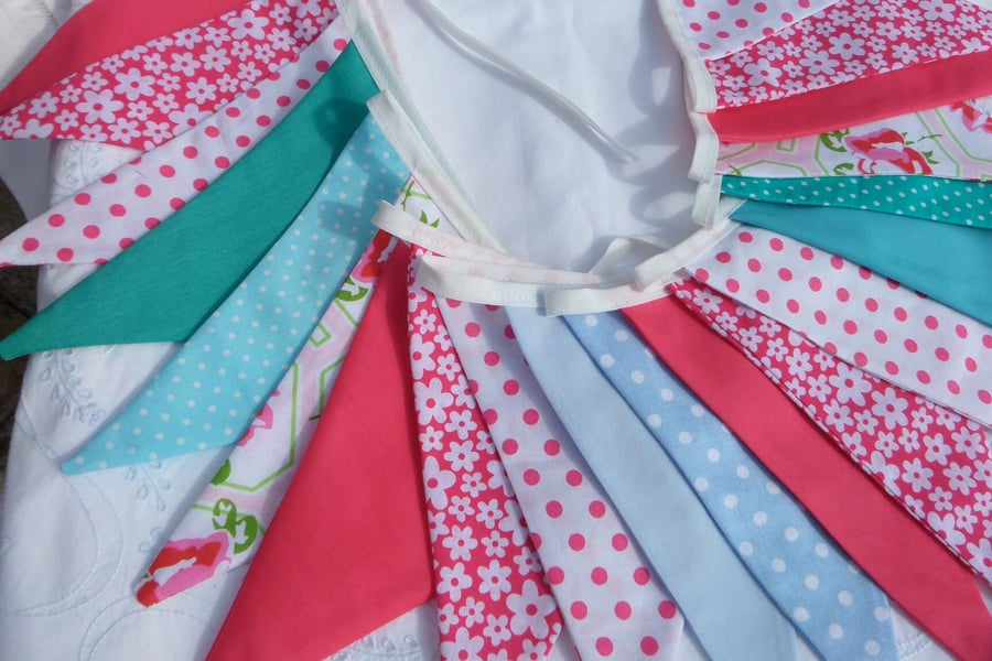 Pink party bunting -10ft flags plus ties teal pink blue mix birthdays