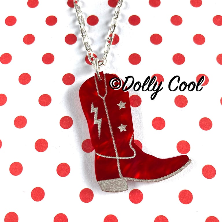 Cowboy Boot Necklace in Red Marbled Acrylic. Star and Lightning Bolt Detail