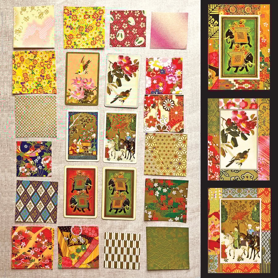 Craft supplies, vintage playing cards and origami papers, craft kit.