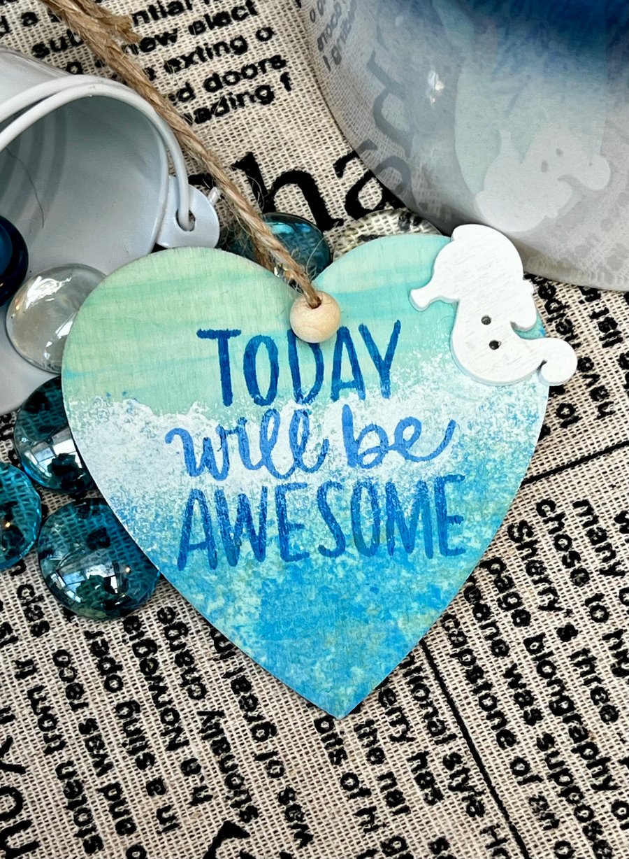 Craft drop Wooden Hanging Decoration - seaside positive quote, heart shaped