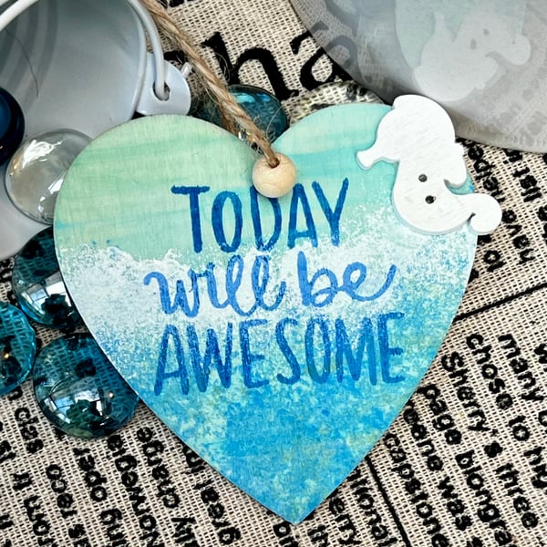 Craft drop Wooden Hanging Decoration - seaside positive quote, heart shaped