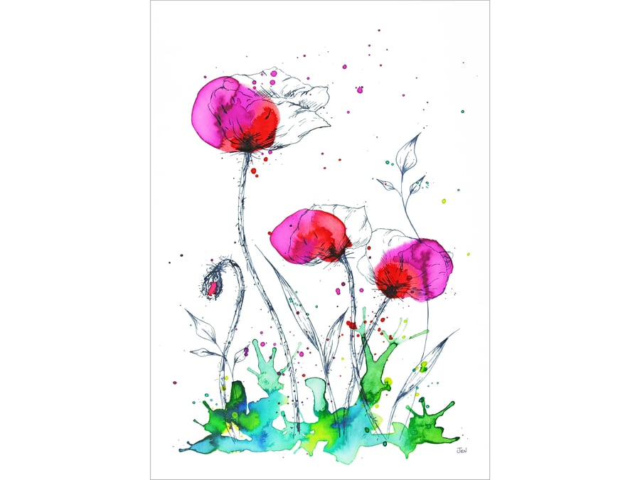 Pink Poppy Field watercolour print featuring abstract meadow flowers