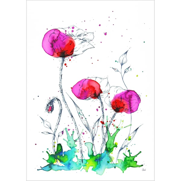 Pink Poppy Field watercolour print featuring abstract meadow flowers