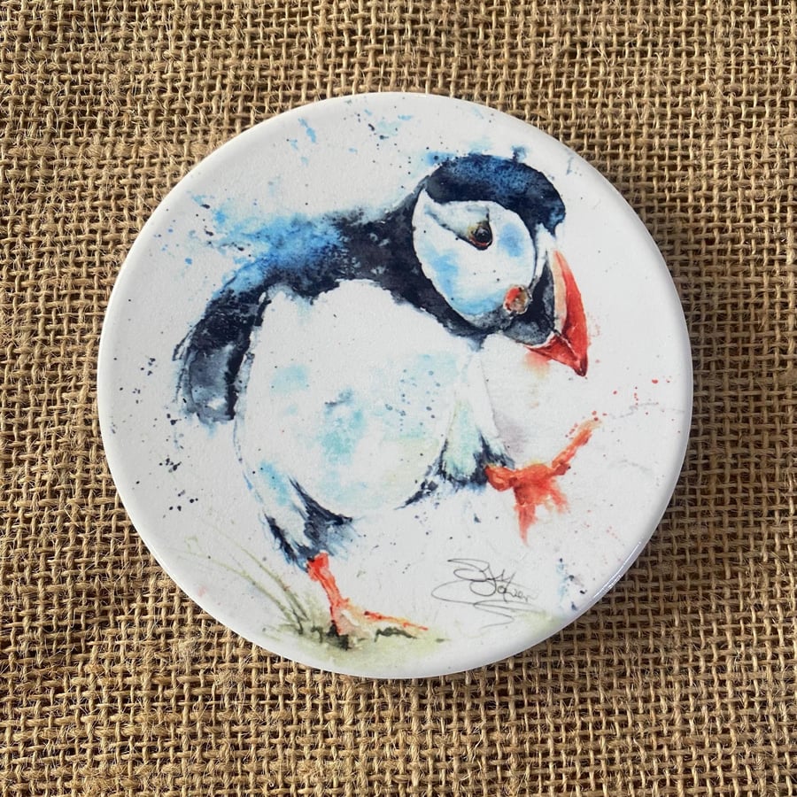 Puffin Billy Ceramic Coaster with Cork Base, Large 10cm Round Coaster. From a Wa