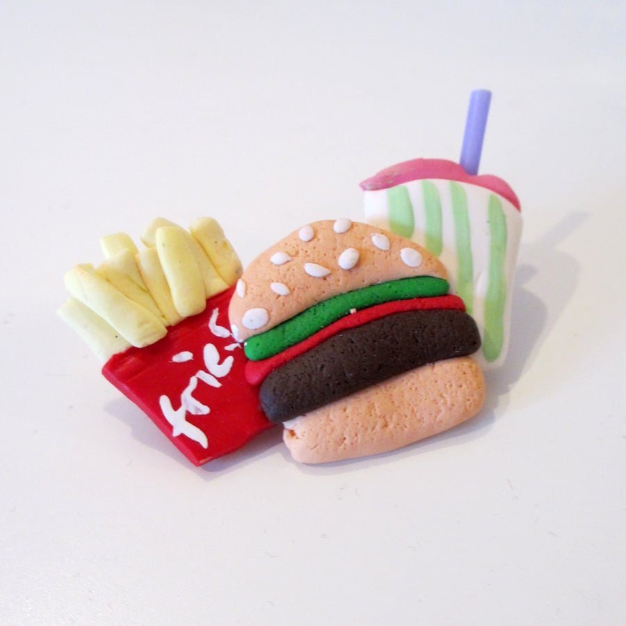 Retro Diner themed brooch with Burger, Fries and Strawberry milkshake