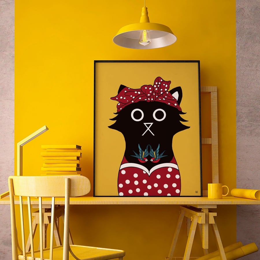 Rockabilly Cat Dress Wall Art Print, Tattoo Print, Rockabilly Wall Art, Cat Art 