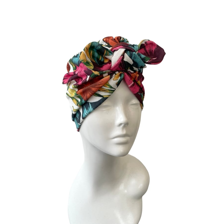 Tropical Flower Print Hair Loss Turban Hat for Women Top Bow Knot Retro Ladies 