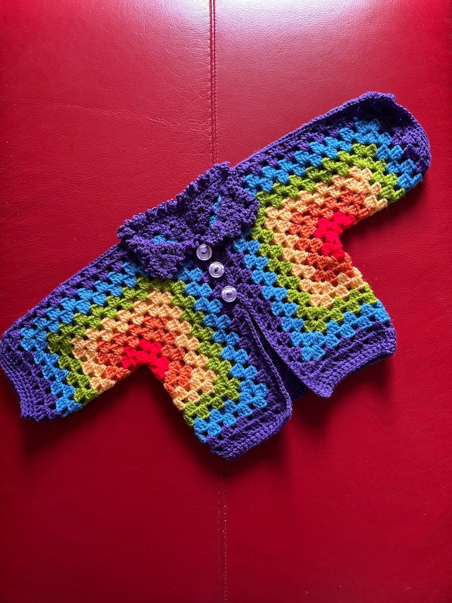 Crocheted hexagon cardigan rainbow buttoned size 12 months 