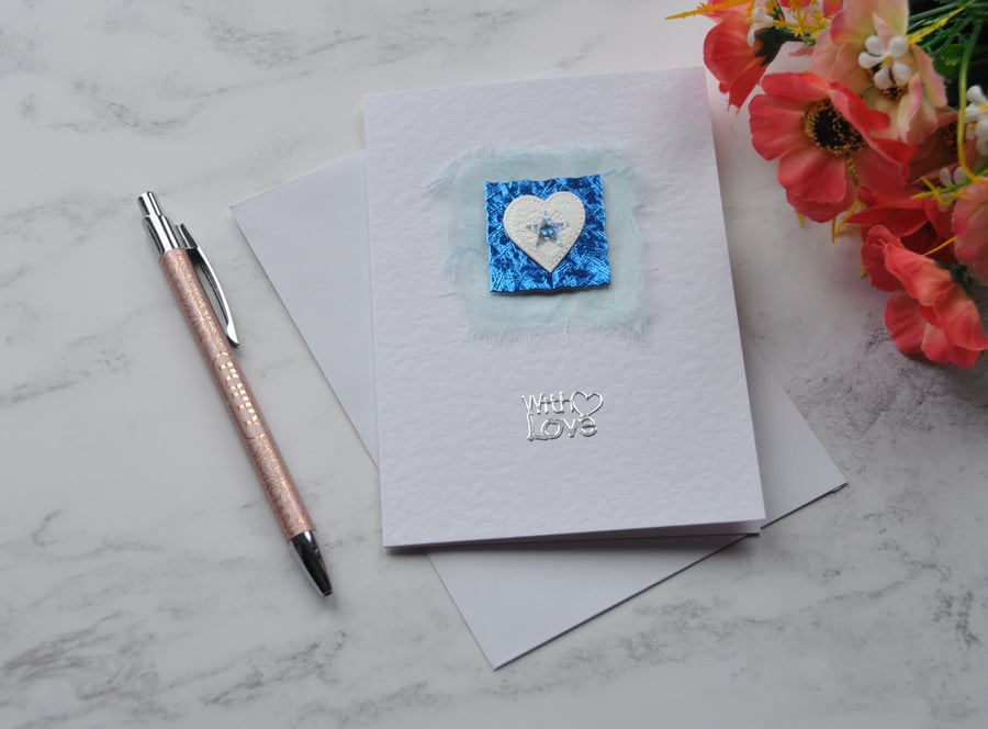 Heart Card With Love Blue Valentines Any Occasion 3D Luxury Handmade Card