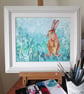 Hare sitting with turquoise background. Original painting - Image 3