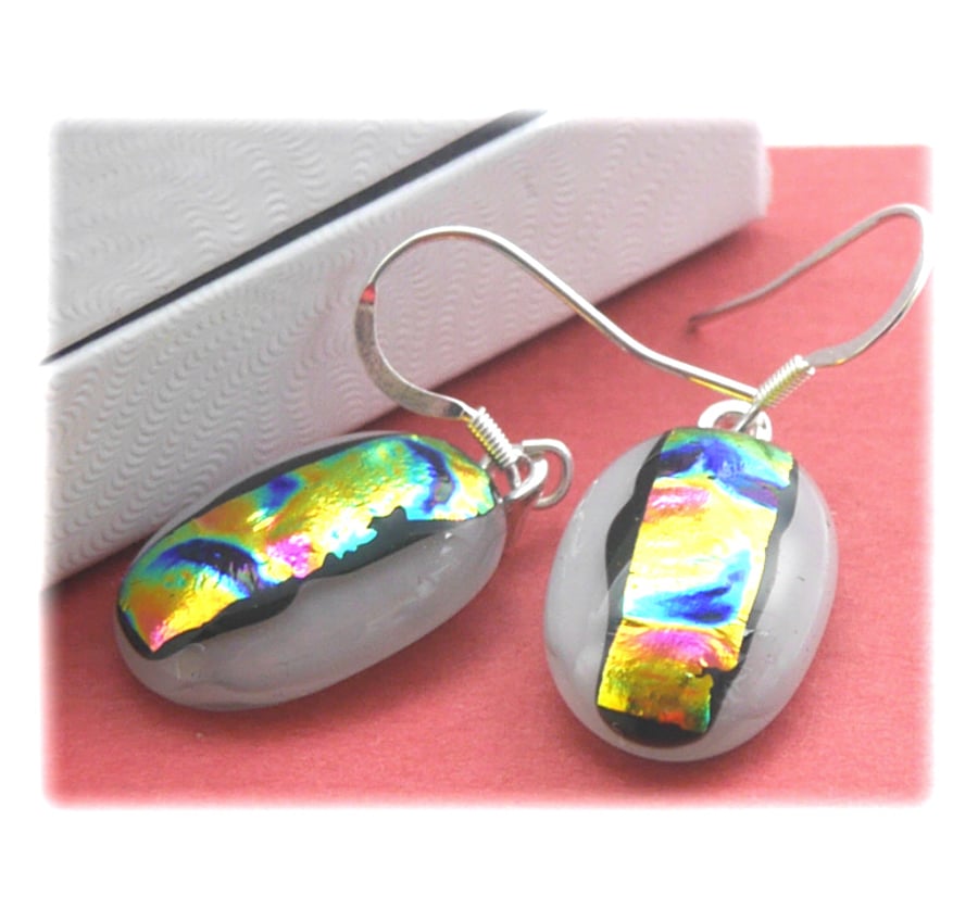 Handmade Fused Dichroic Glass Earrings 191 White Rainbow Streak