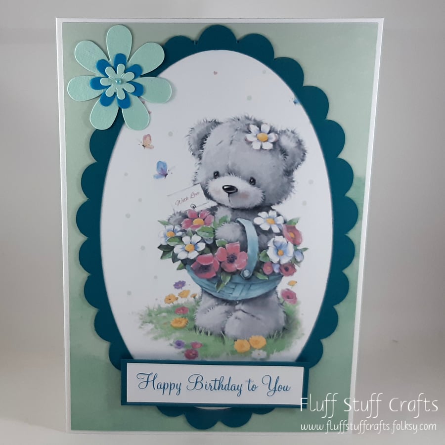Handmade birthday card - cute bear with flowers