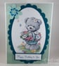 Handmade birthday card - cute bear with flowers - Image 1