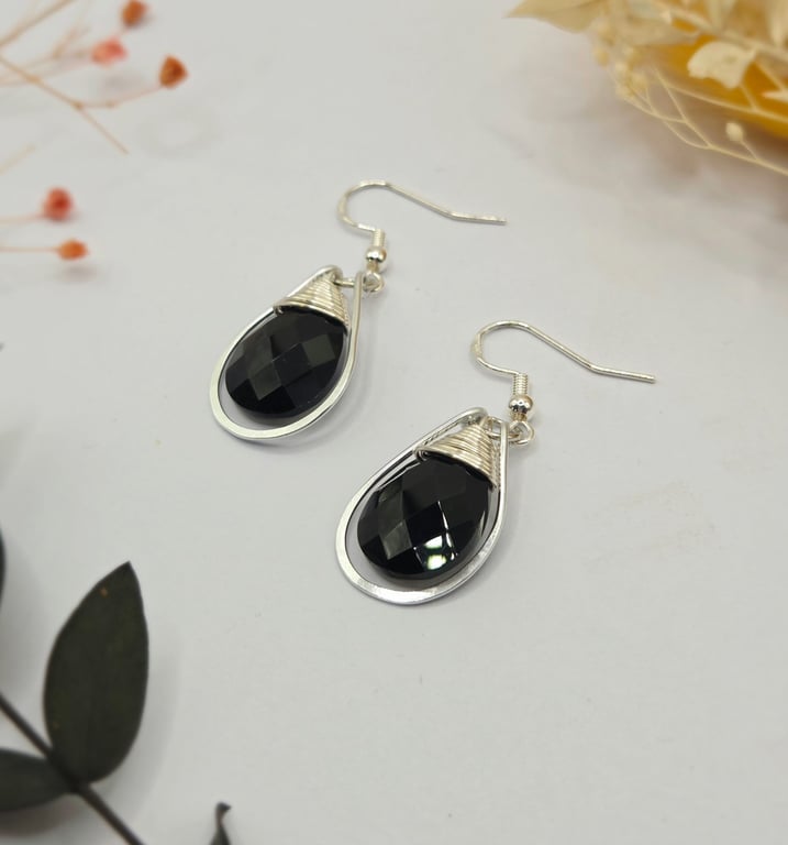 Black Onyx Faceted Gemstone Wire-Wrapped Teardrop Earrings With Silver Frames 