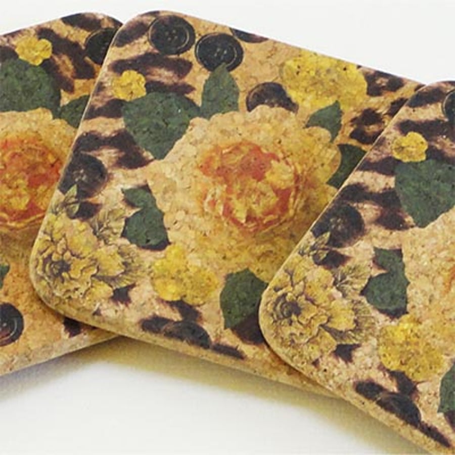 Four Yellow Rose and Skin Print Square Coasters