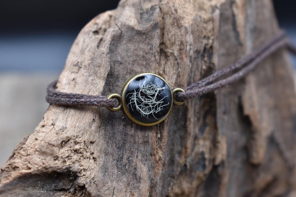 Adjustable Resin Bracelet with Real Lichen, Waxed Cotton Cord, Made in Scotland