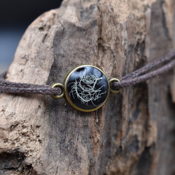 Adjustable Resin Bracelet with Real Lichen, Waxed Cotton Cord, Made in Scotland