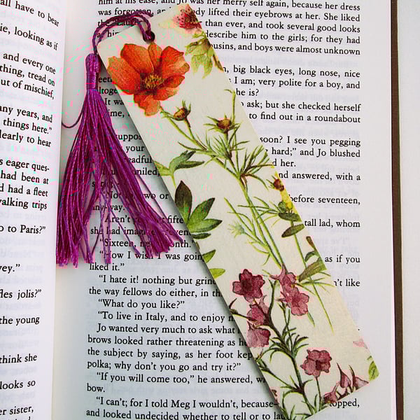 Wild flowers wood decoupage bookmark with tassel