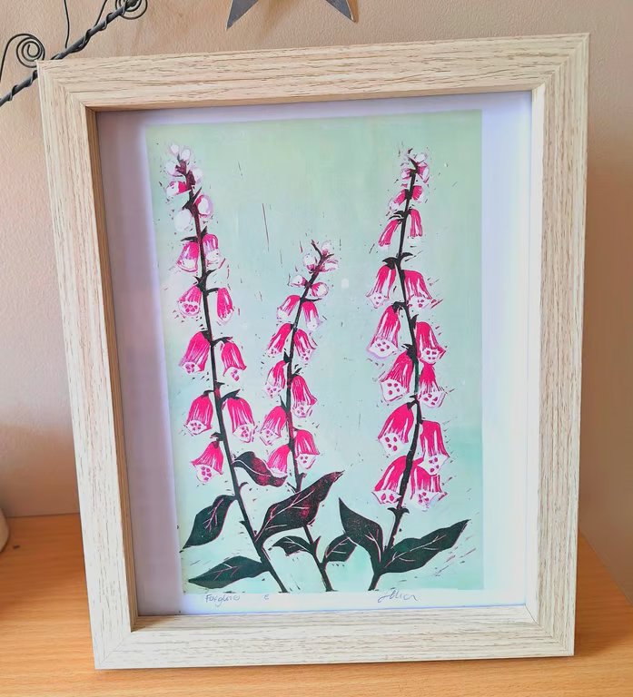 'Foxgloves' An original linoprint of foxgloves with a green background.