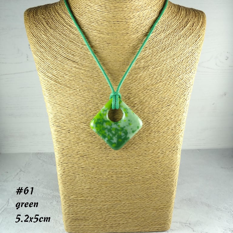 Green fused glass pendant, rhombus, diamond shaped, cotton cord (61)