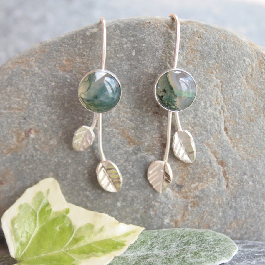 Gemstone earrings, long silver and moss agate earrings, nature lover gift