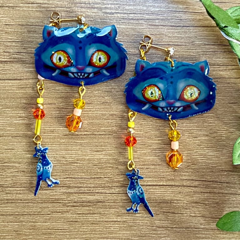 Blue Tiger & Magical Magpie Bird Earrings - K-Style Fantasy Dangle