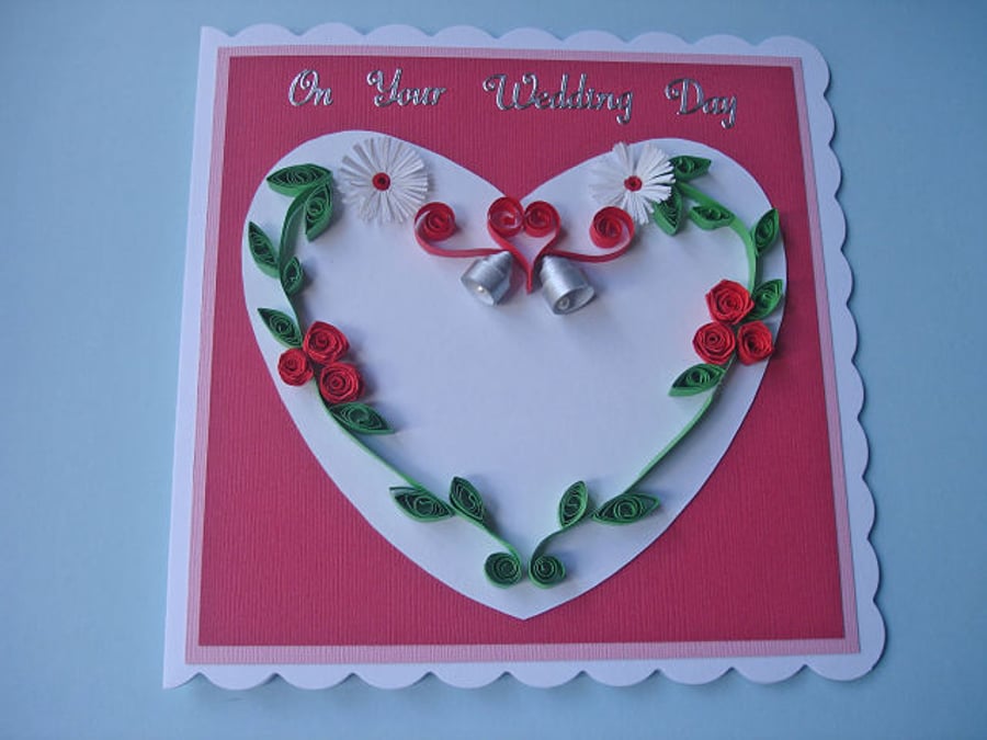 Quilled wedding day card - red roses