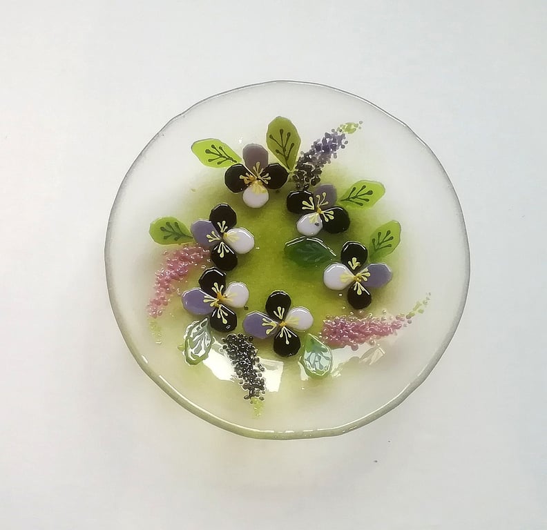 Fused Glass Pansy Dish: Hand-Painted Floral Art Bowl