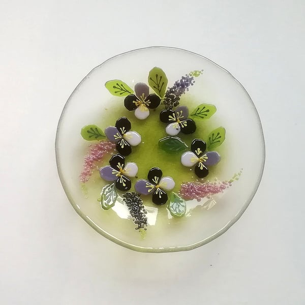 Fused Glass Pansy Dish: Hand-Painted Floral Art Bowl