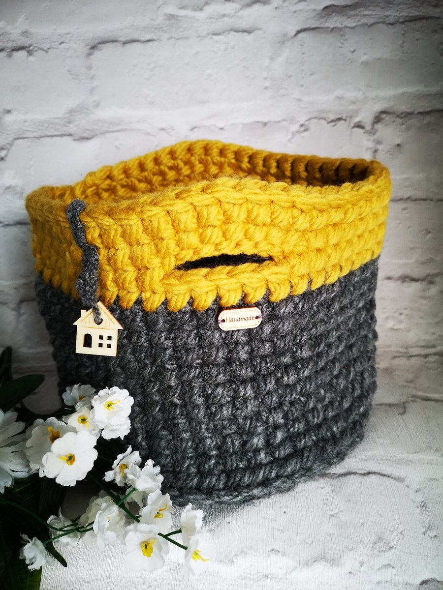 Crocheted charcoal grey & mustard Basket    FREE P & P