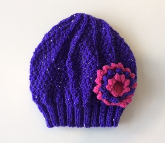 Girls Beanie Hat Purple & Strawberry Pink with Flower  - Size Small 2 to 4 years