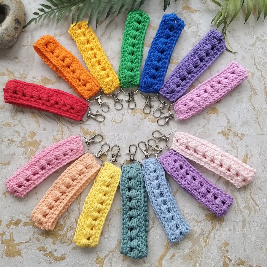  Sale Crochet Wristlet, Key Ring, Key Holder. Rainbow. Eco Cotton 