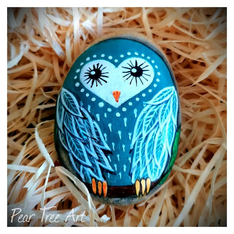Pale Blue Owl Rock Art, Hand Painted.