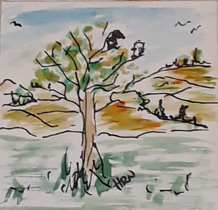 Original pen and watercolour mini doodle drawing, Birds in the tree 3