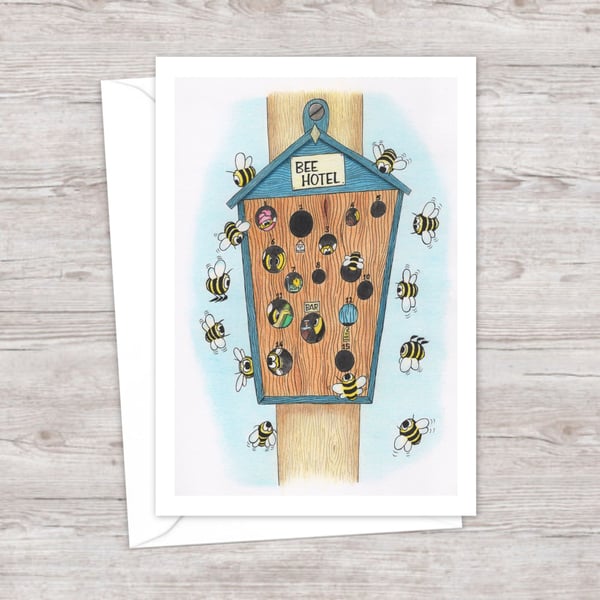 Bee Hotel Greeting Card: Hand Drawn Busy Bee Illustration (215)
