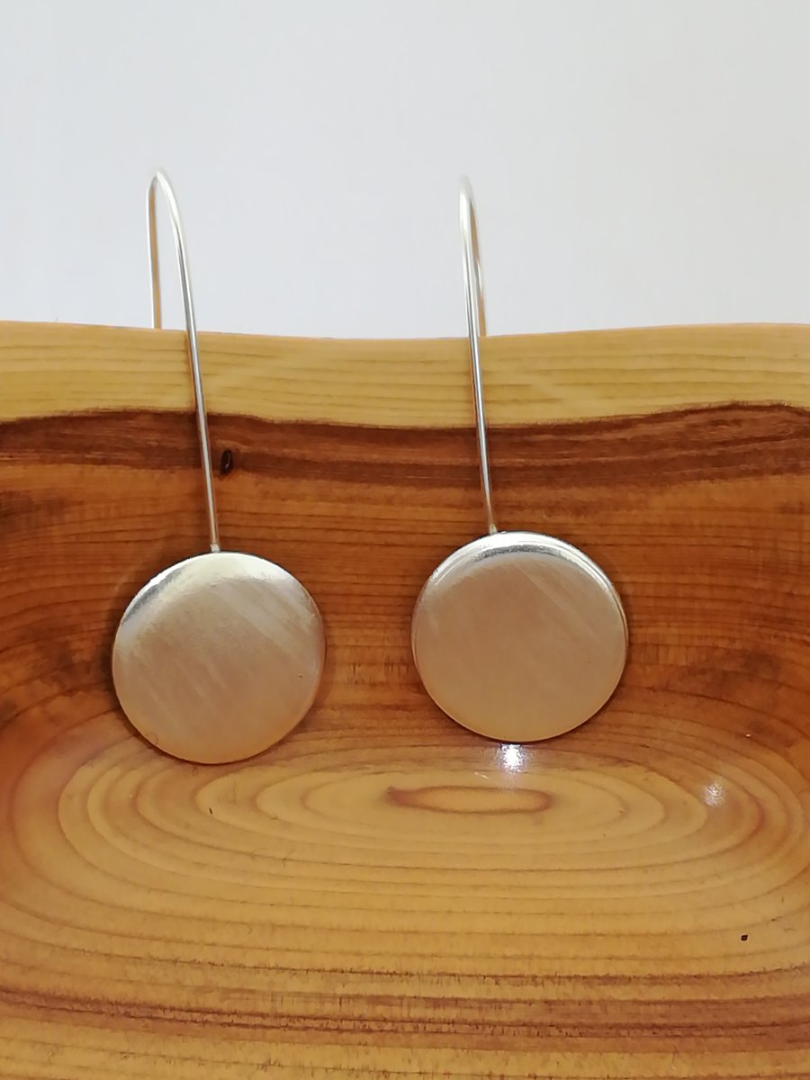 Sterling silver satin finished disc drop earrings