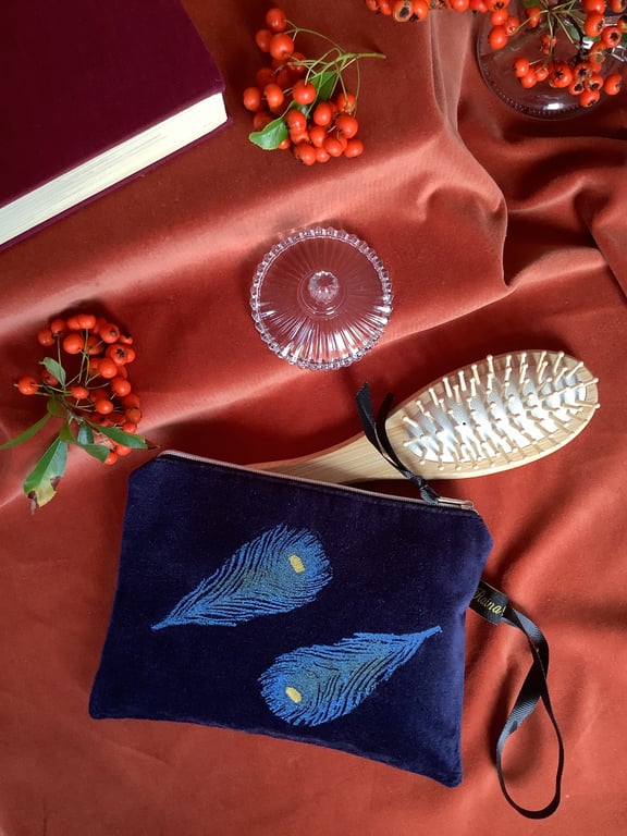 Peacock Velvet Pouch, Blue Velvet Small Makeup Bag, Hand Printed Cosmetic Pouch