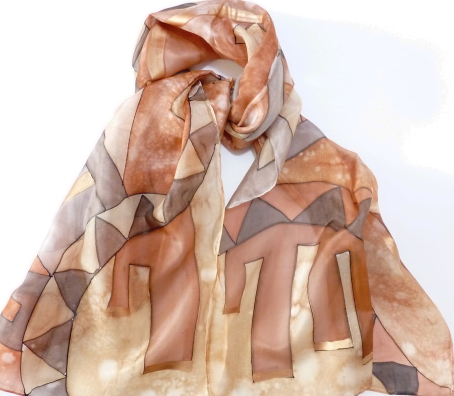 Hand painted silk cinamon geometric scarf