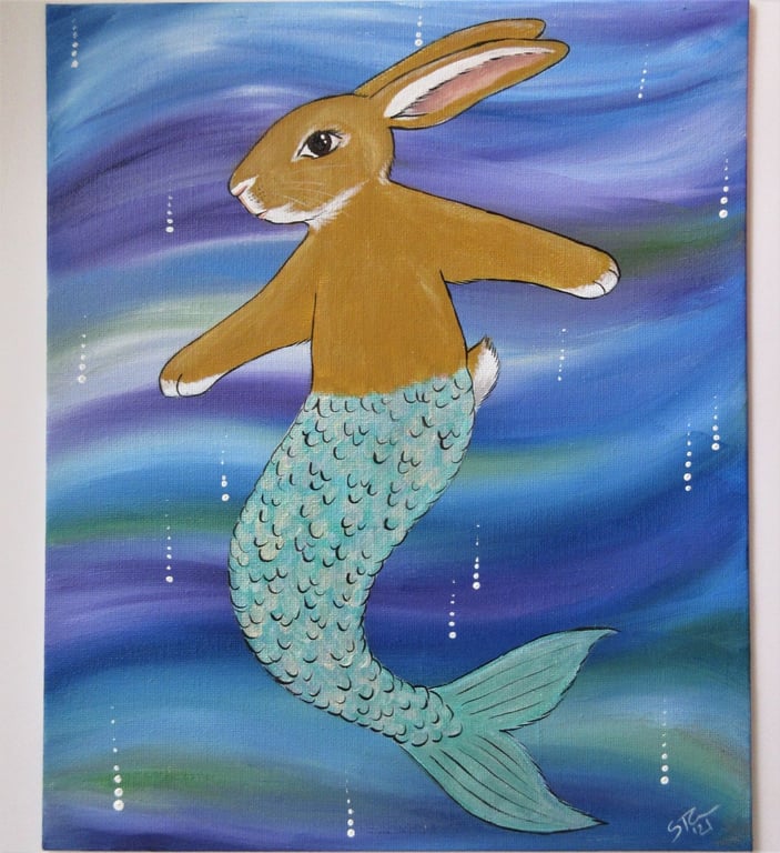 Merbunny Painting Mermaid Bunny Rabbit Fusion Original Fantasy Picture 