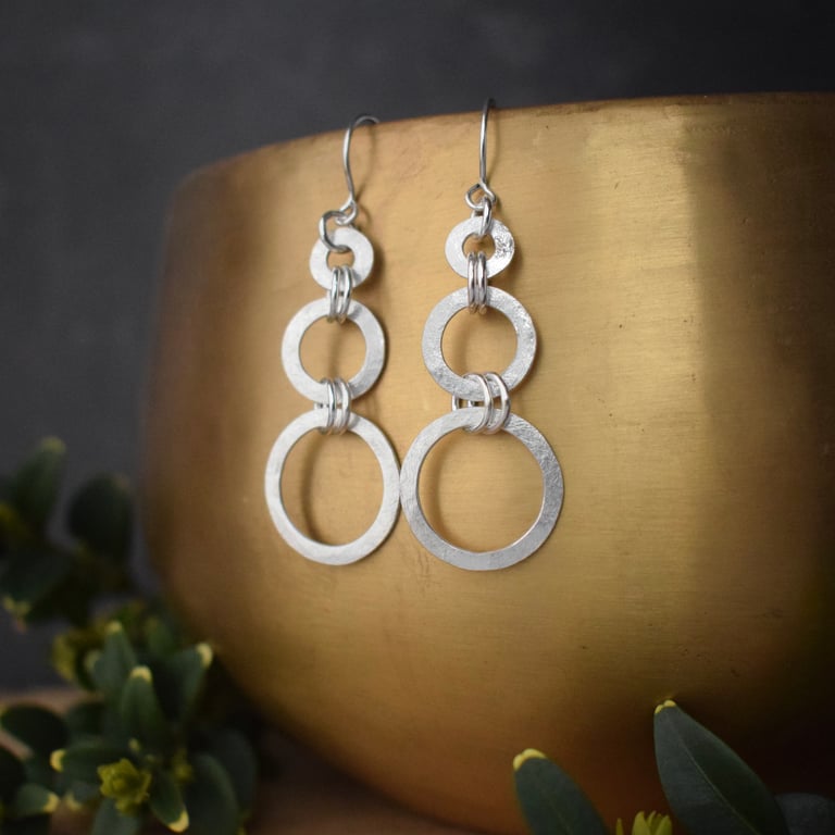 Textured Sterling Silver Open Circle Dangle Earrings 