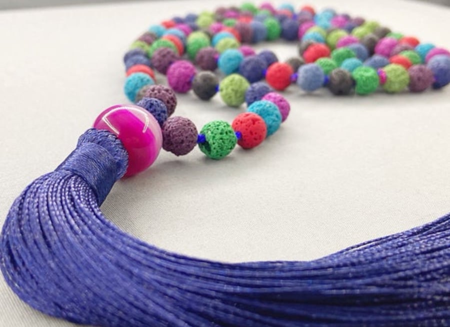 Multicoloured Lava Rock Stone Mala Necklace with Tassel 108 Beads
