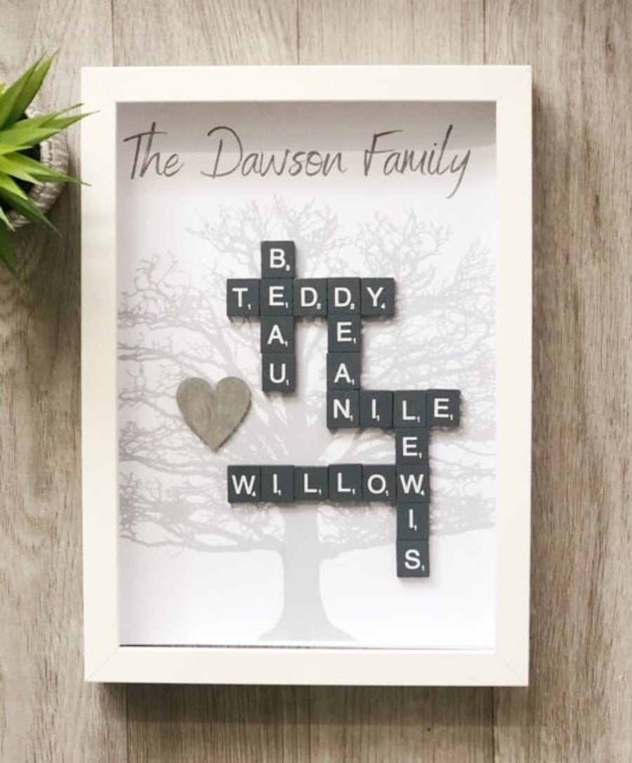 Framed Family Tree, Scrabble Letter Family Tree, Family Gift, Family Present