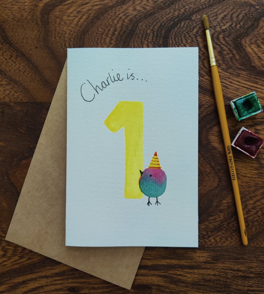 Personalised 1st  Birthday Card, Original Handpainted Bird Age 1 card 