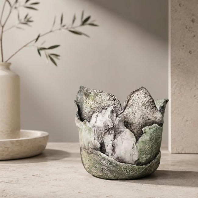 Textured Green Art Vase, Hand Built Ceramics, Lichen and Moss, Weathered Vessel