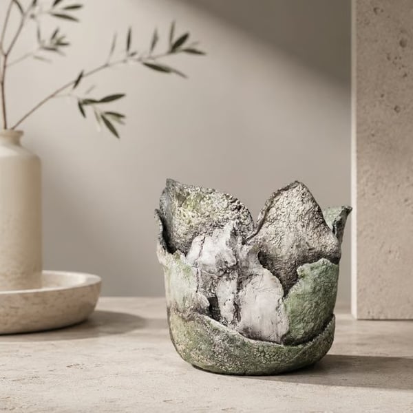 Textured Green Art Vase, Hand Built Ceramics, Lichen and Moss, Weathered Vessel