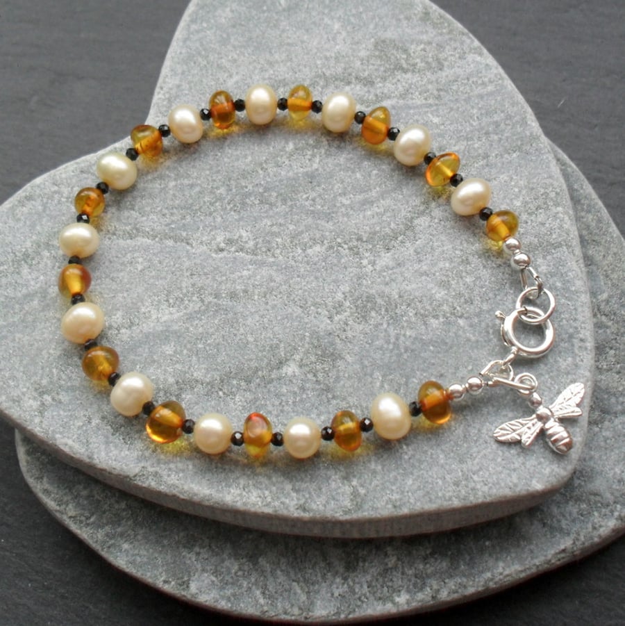 Baltic Amber Black Spinel and Freshwater Pearl Sterling Silver  Bracelet