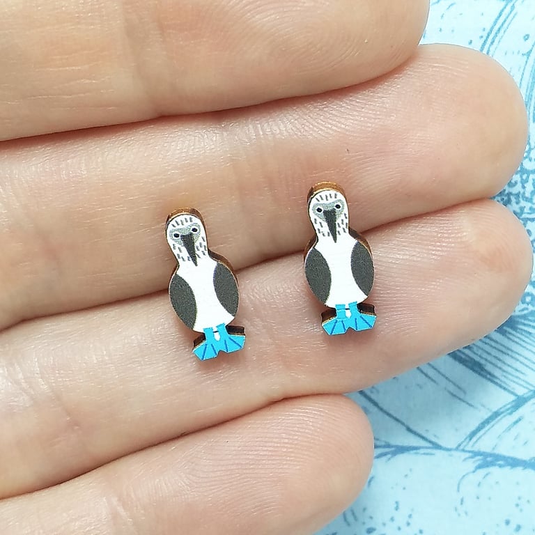 Blue Footed Booby Earrings, Bird Studs, Silver Plated or Sterling Silver Backs